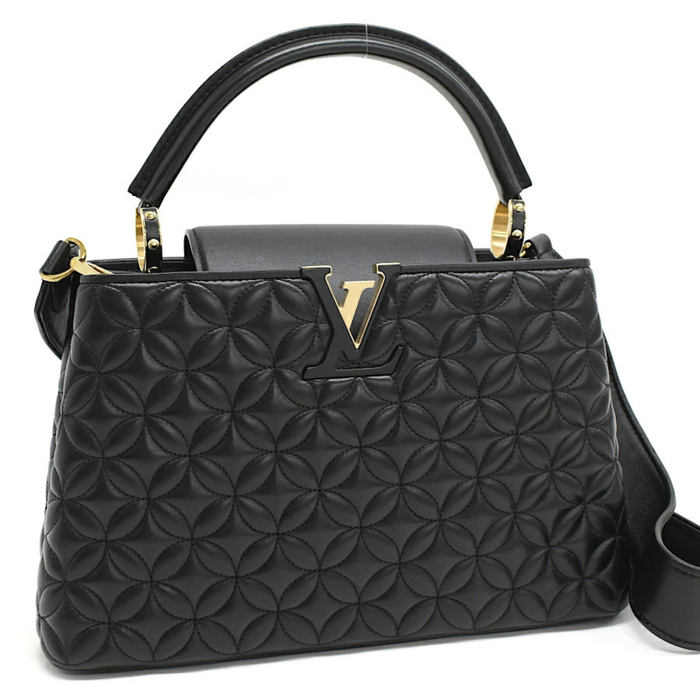 Louis Vuitton Capucines Handbag Monogram Flower Lambskin Leather Black